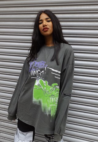 LOOSE FIT OVERSIZE FLUORESCENT GRAFFITI GRUNGE SWEATSHIRT