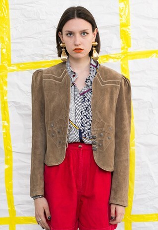 VINTAGE 80S BEIGE SUEDE SHORT LEATHER JACKET