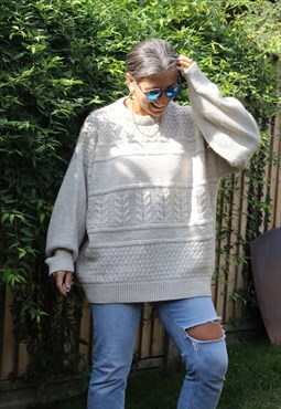 Vintage 1980s cable textured knitted jumper in stone