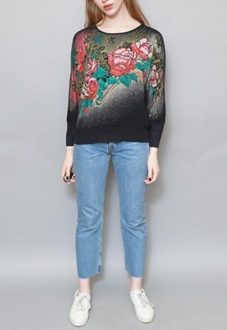 VINTAGE 1990'S SOFT FLORAL PATTERN BLACK BATWING JUMPER