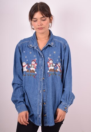 WOMENS VINTAGE DENIM SHIRT LARGE BLUE 90S
