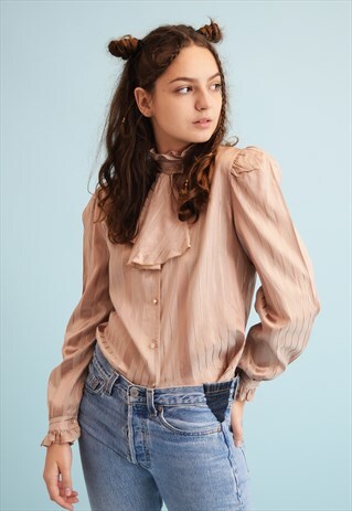 80'S RETRO STRIPED PRINT NEUTRAL PUFF SLEEVE MOMS SHIRT TOP