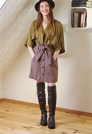 BROWN HERRINGBONE WOOL SKIRT