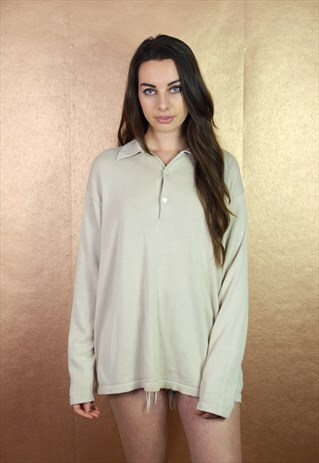 90S VINTAGE MINIMAL BEIGE LONG SLEEVE SOFT KNIT POLO TOP
