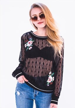 Long Sleeve Lace Top with Rose Floral Patches in Black