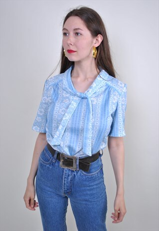 70S TIE COLLAR BLUE FLOWERS SHORT SLEEVE BLOUSE, SIZE M