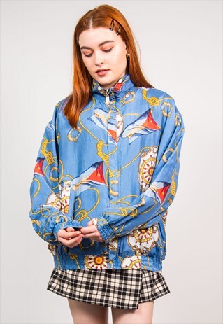 VINTAGE 90'S BLUE NAUTICAL SILK BOMBER JACKET