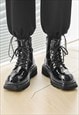 SHINY RUBBER BOOTS SQUARE TOE TRACTOR PLATFORM SHOES BLACK