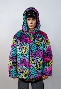 Tie-dye hooded faux fur jacket leopard coat rainbow bomber