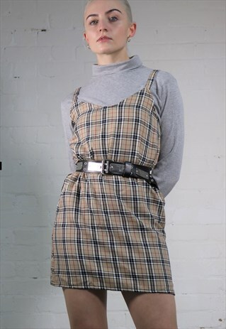 TARTAN/CHECK SLIP DRESS IN TAN