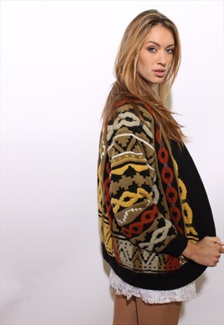 VINTAGE 1980'S 80'S OVERSIZE GEOMETRIC KNIT JACKET COAT L-XL