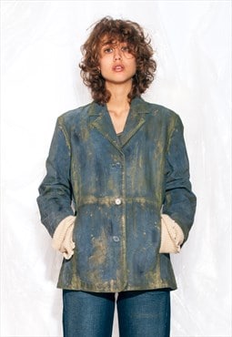 Vintage 90s Reworked Leather Jacket in Blue Hand-Painted