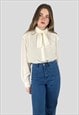 80's Vintage Long Sleeve Ladies Cream Bow Blouse