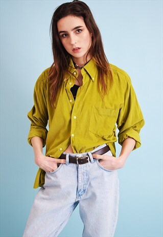 90'S RETRO MINIMALIST GREEN CORDUROY SHIRT TOP