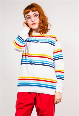 VINTAGE 80'S WHITE RAINBOW STRIPE PATTERN VELVET JUMPER