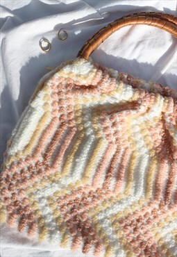 Vintage 1970s Crochet Pastel Knitters Bag With Wood Handles 