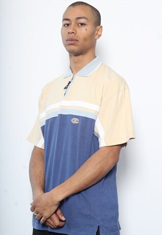 VINTAGE CHAMPION 1/4 ZIP LOGO POLO SHIRT BLUE CREAM