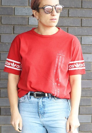 VINTAGE 1990S ADIDAS RED OVERSIZED T SHIRT WITH LOGO ARMS