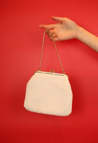 VINTAGE 80S WHITE BEADS HAND BAG PURSE WITH GOLDEN HANDLE