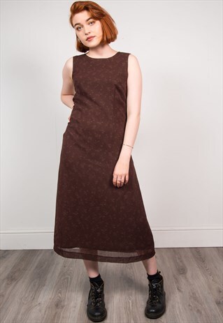 VINTAGE 90'S BROWN FLORAL PATTERN MIDI DRESS