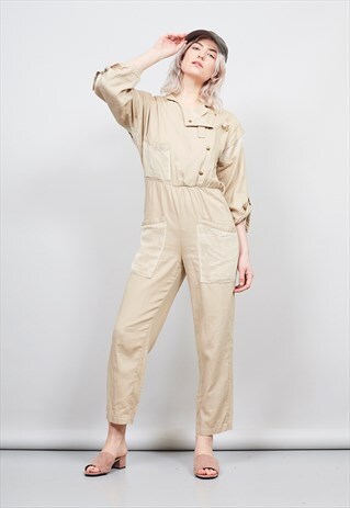 VINTAGE 80'S BEIGE WIDE MESH INSERT BOILER SUIT