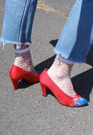 VINTAGE 80S RED AND BLUE FLAME MID HEELED COURT SHOES