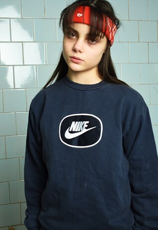 VINTAGE 90S RETRO NIKE LOGO SLOGAN SWEATSHIRT JUMPER BLUE