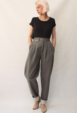 VINTAGE 80' UNIQUE CUTE GREY DENIM HIGH WAIST TROUSERS