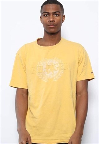 VINTAGE TOMMY HILFIGER BIG LOGO SPELLOUT T-SHIRT YELLOW