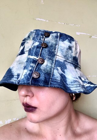 REWORKED DENIM VERSACE TIE DYE BUCKE HAT WITH LOGO BUTTONS