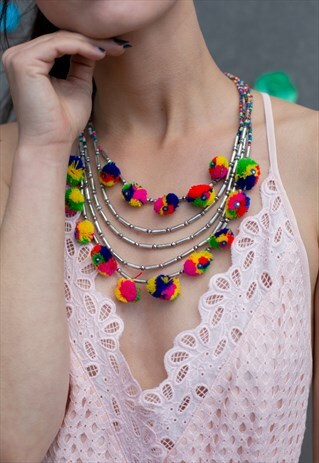 MULTI LAYERED POM POMS BEADS NECKLACE BOHO COLOURFUL