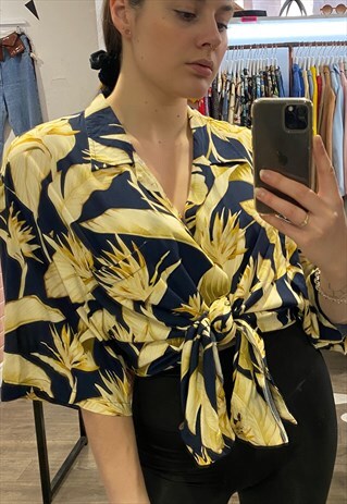 VINTAGE 90S SHIRT HAWAIIAN IN DARK BLUE WITH YELLOW LEAVES