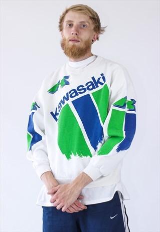 80S VINTAGE MENS KAWASAKI BIG LOGO SWEATSHIRT CREW NECK