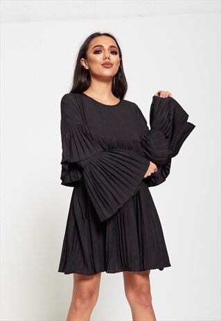 BLACK PLEATED RUFFLE MINI DRESS
