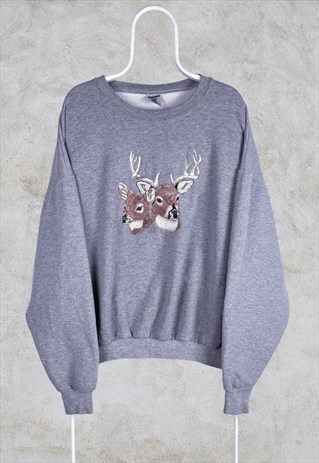 VINTAGE EMBROIDERED GREY SWEATSHIRT NATURE WILDLIFE DEER L