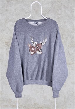 Vintage Embroidered Grey Sweatshirt Nature Wildlife Deer L