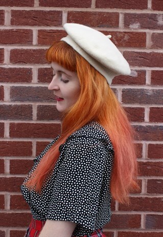 VINTAGE 90'S PLAIN CREAM WHITE WOOL BERET