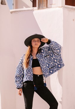 DION Blue and White Aztec Woven Bomber Jacket Y2K Festival 