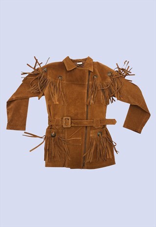 Vintage Brown Suede Leather Fringed Jacket Cowboy Western