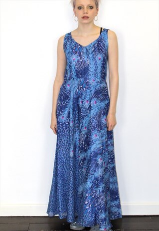 70S VINTAGE BLUE PEACOCK PRINT HOLIDAY PROM INDIE MAXI DRESS