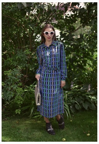 VINTAGE 80'S BLACK TARTAN LONG SLEEVE MIDI DRESS