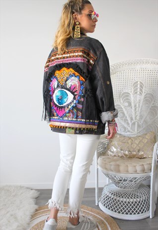 VINTAGE JEANS JACKET PRINTED ETHNIC