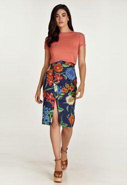 Floral Cotton Pencil Skirt in Red, Blue and Green Shades