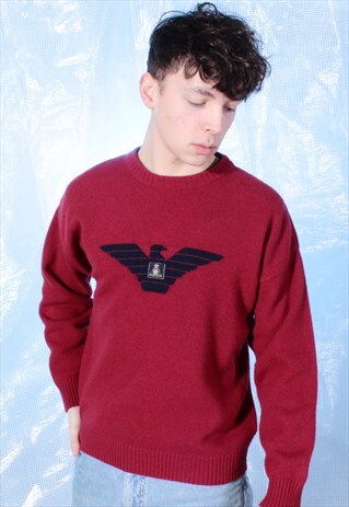 VINTAGE GIORGIO ARMANI RED AND NAVY KNITTED JUMPER