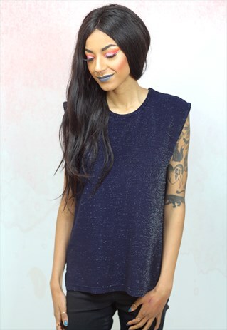 1990S VINTAGE BLUE AND GOLD LUREX GLITTER BOYFRIEND VEST