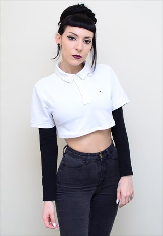 00'S RETRO WHITE REWORKED CROPPED TOMMY HILFIGER POLO SHIRT