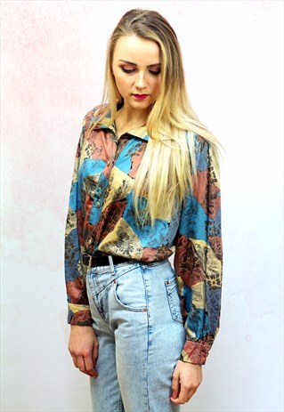 1990S VINTAGE VISCOSE RUST ORANGE AND TURQUOISE SHIRT