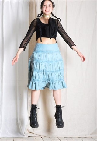 Y2K DUSTY BLUE COASTAL FAIRY TIERED MIDI SKIRT