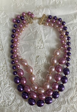 Vintage Necklace Purple Pink Pearl Choker Tripple Chain Bead