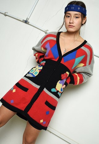 VINTAGE 80'S RETRO NOVELTY PATTERN KNIT MULTICOLOR CARDIGAN